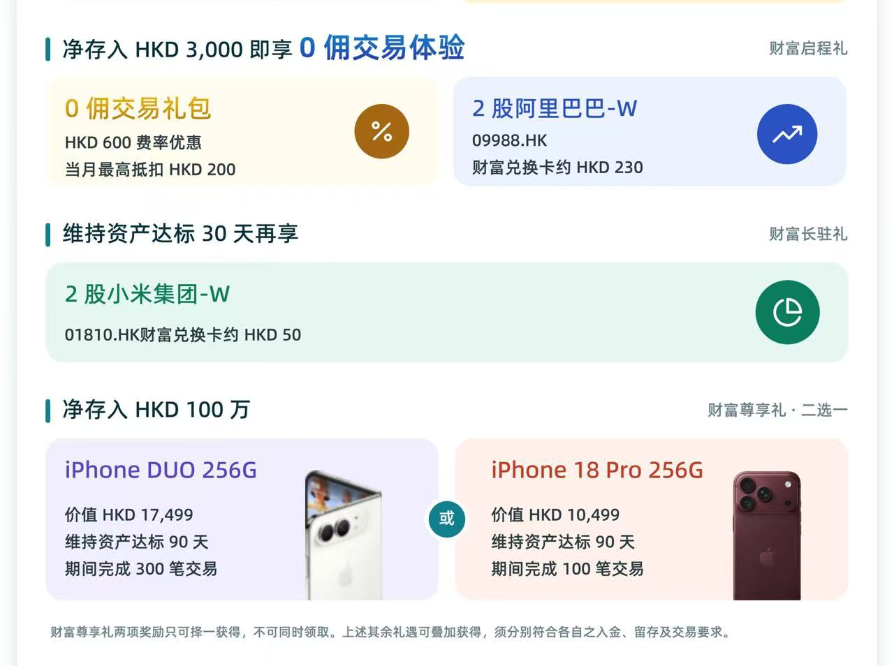 新客活动图：阿里巴巴、小米股票奖励，以及达到更高入金、留存和交易条件的iPhone奖励。